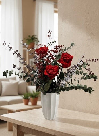 Ram de 3 roses preservades amb gerro blanc